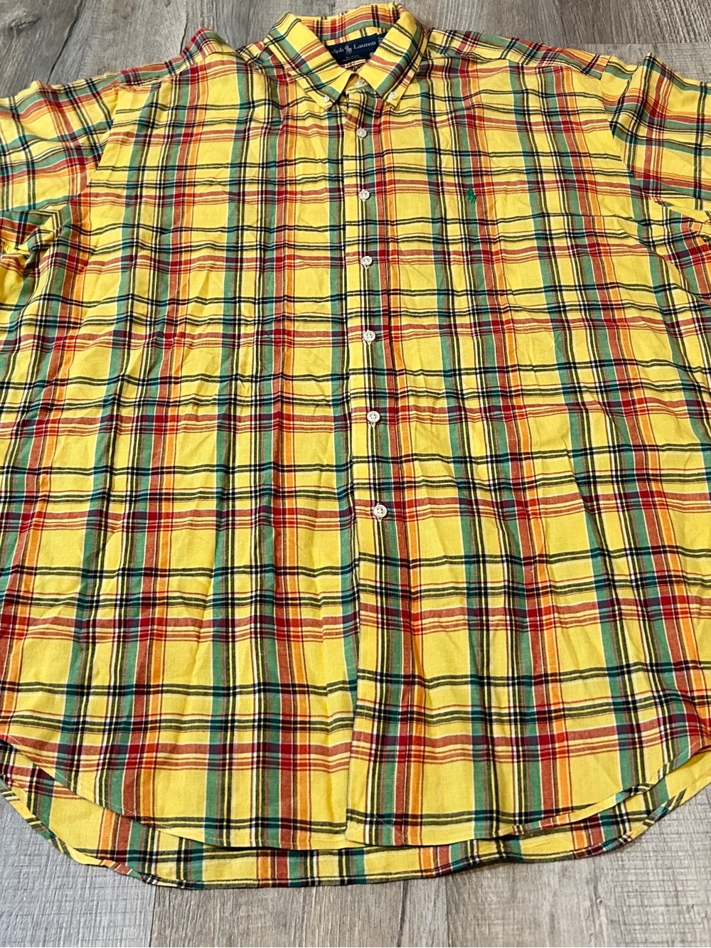 Ralph Lauren Yellow Plaid Button-Down Shirt with Red and Green Accents
